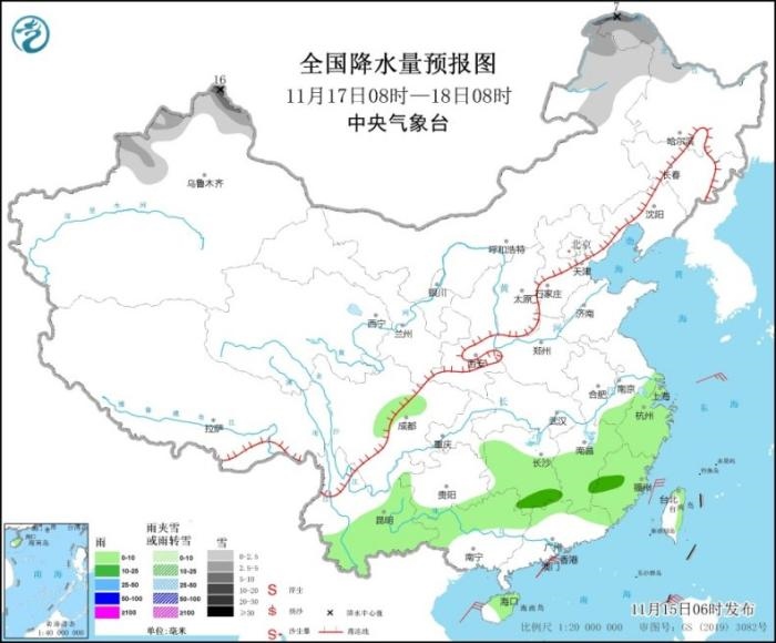 全國降水量預(yù)報(bào)圖(11月17日08時-18日08時)