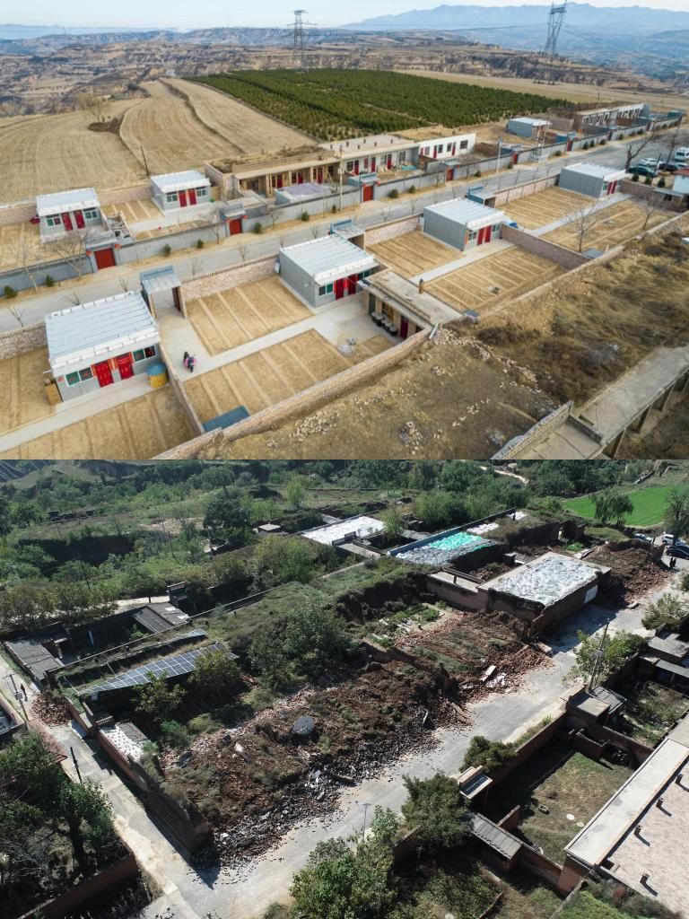 拼版照片，上圖是2022年1月山西省霍州市師莊鄉(xiāng)馮南垣村災(zāi)后恢復(fù)重建后的場景，下圖是2021年10月村莊因災(zāi)受損的場景。(霍州市委宣傳部供圖)