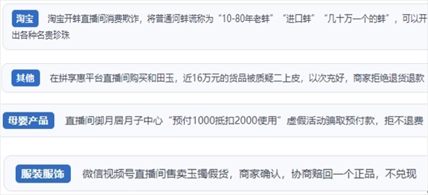 “人民投訴”用戶投訴直播間網(wǎng)購珠寶玉石、家電、培訓(xùn)課程等產(chǎn)品遭遇欺詐的情況。（“人民投訴”平臺截圖）