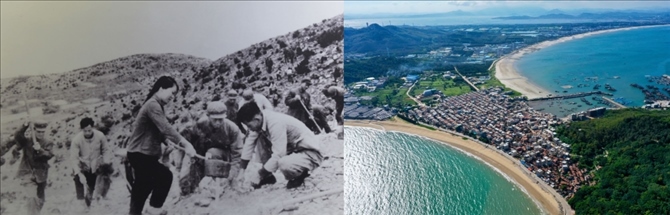 拼版照片：左圖為東山縣群眾在荒山上種植樹苗（資料照片）；右圖為2020年6月18日拍攝的東山縣陳城鎮(zhèn)澳角村附近風光（無人機照片，新華社記者 姜克紅 攝）。