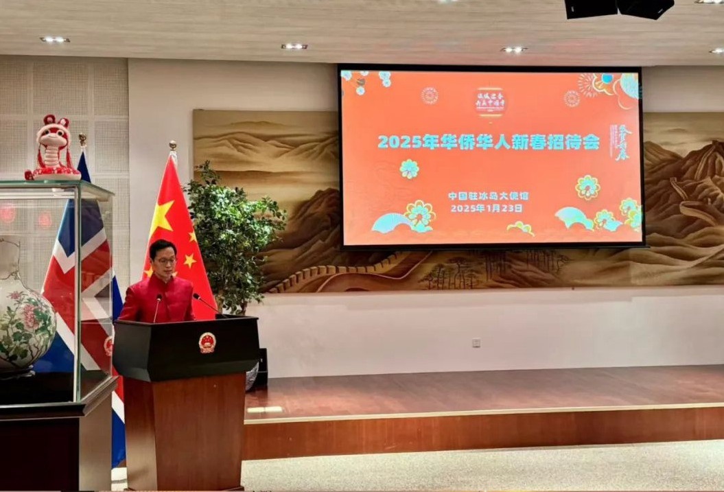 中國(guó)駐冰島大使何儒龍致辭。中國(guó)駐冰島大使館供圖